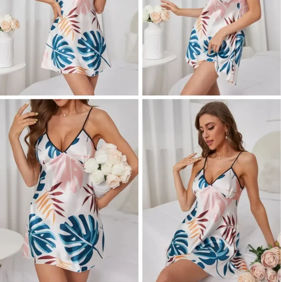 Leaf Pajama Dress V Neck Spaghetti Strap Nightdress XL NIP - Picture 2 of 5